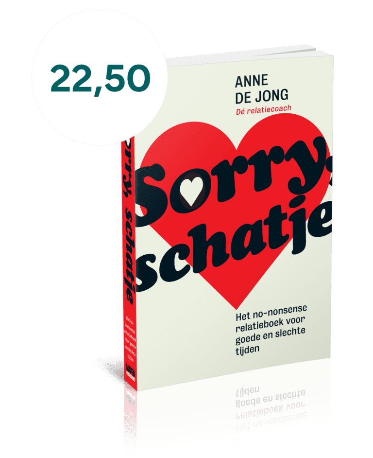 Boek ‘Sorry schatje’ van Anne de Jong met rode hartcover en prijs €22,50, no-nonsense relatieboek voor goede en slechte tijden